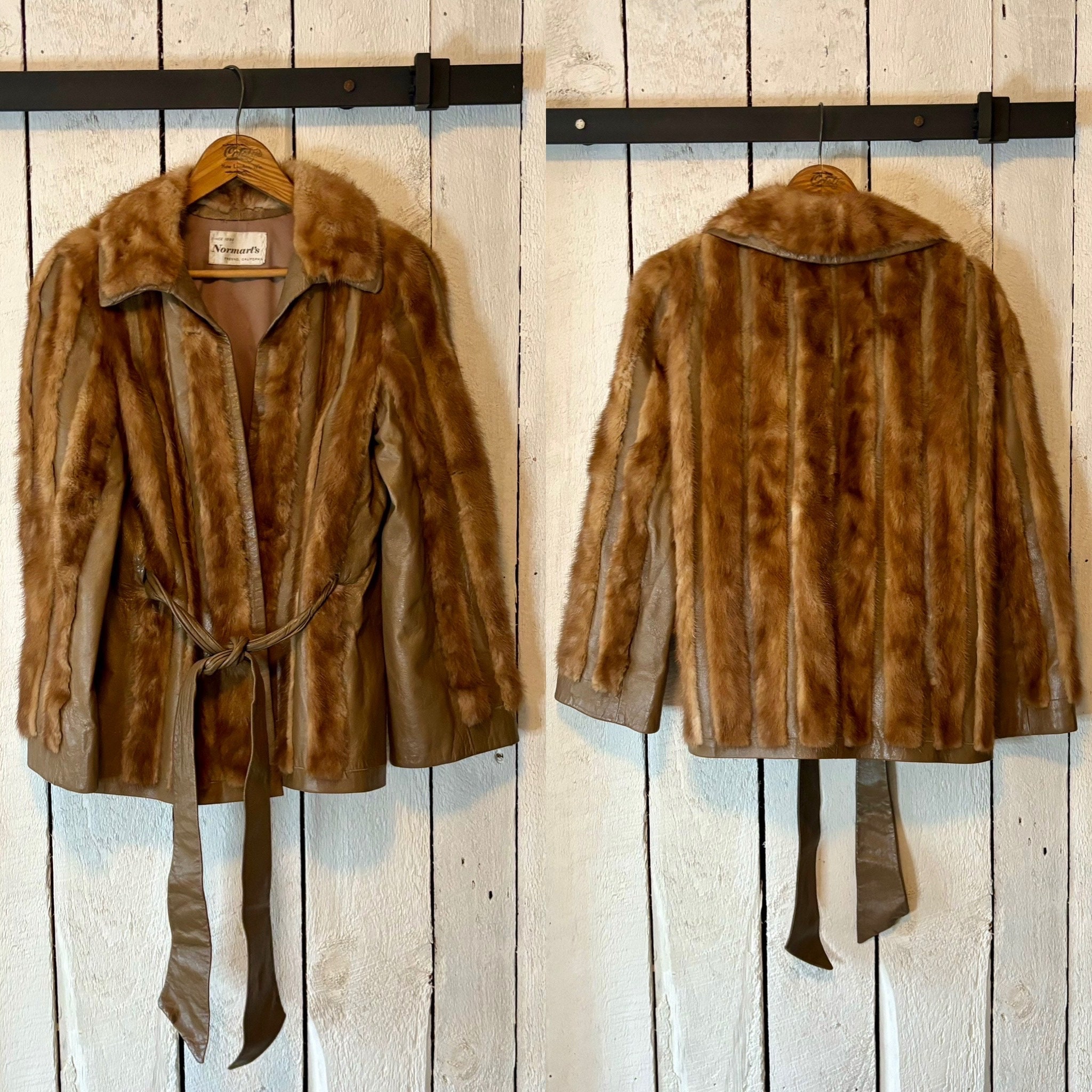 Vintage 60s Taupe Brown Leather Panel Mink Stripe Wrap Fut Vintage 60s Taupe Brown Leather Panel Mink Stripe Wrap Fut