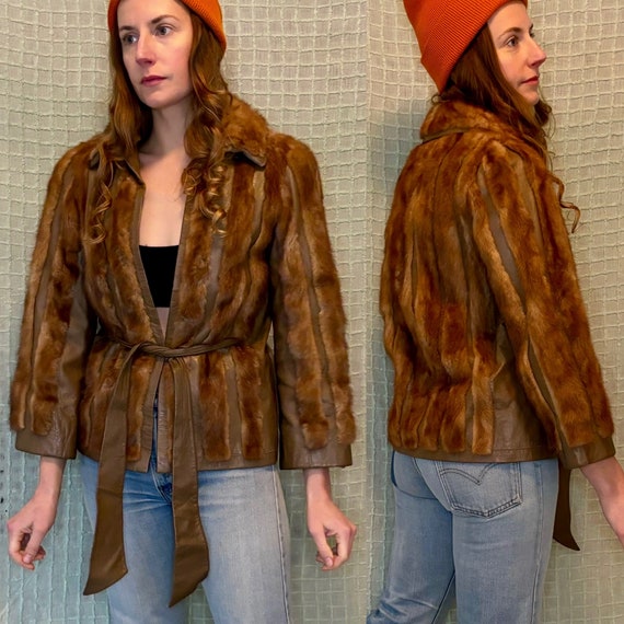 Vintage 60s Taupe Brown Leather Panel Mink Stripe Wrap Fut