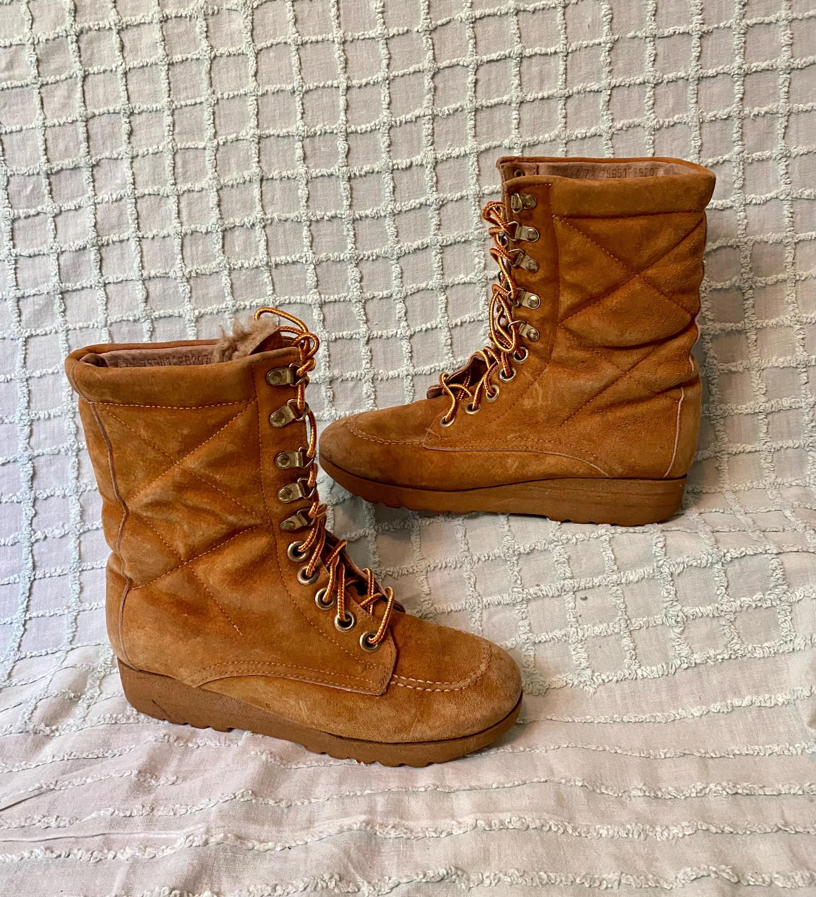 Vintage 80s Tan Brown Quilted Suede Leather Faux Fur Lined Sherpa 