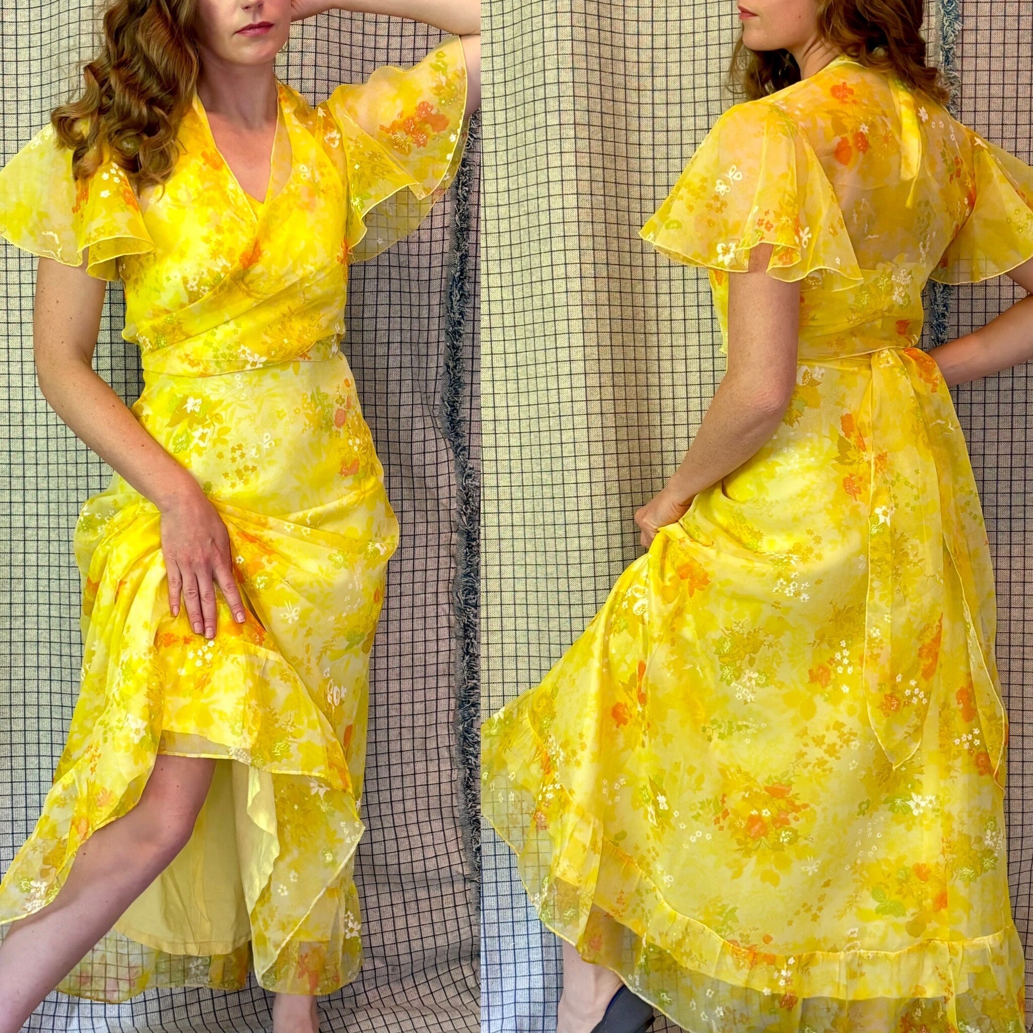 Vintage 70s Sunny Yellow Floral Sheer Organza Maxi Halter Flutter  