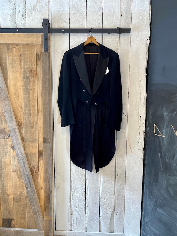 Vintage 40s Black Wool Silk Tuxedo Jacket with Tai