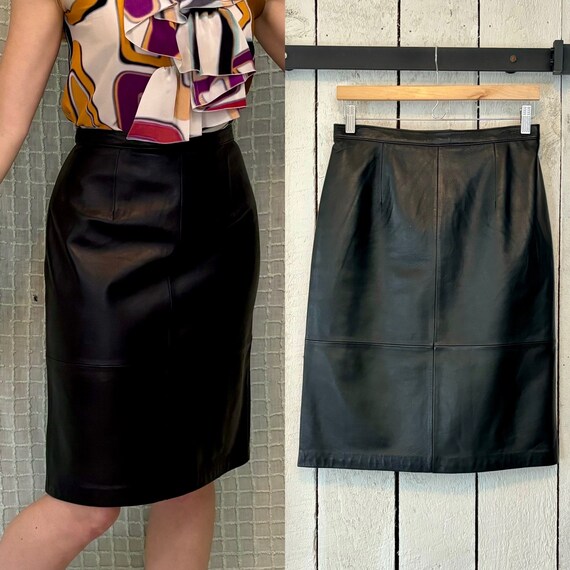 Vintage 90s Black Leather High Rise Pencil Midi S… - image 1