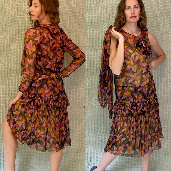 Vintage 20s Magenta & Orange Floral Silk Chiffon … - image 3