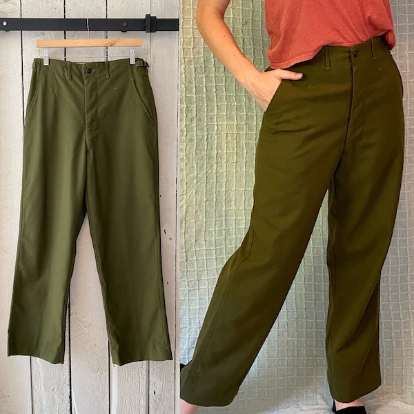 Vintage 50s Korean War Olive Drab Military Army Wool Field Trousers Pants size S