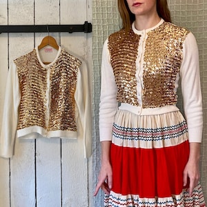 Vintage 60s Gold Sequin Ivory Acrylic Cardigan Sweater By Jaymar Knitwear size M