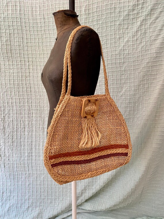 Vintage 70s Beige Jute Market Basket Shoulder Bag - image 4