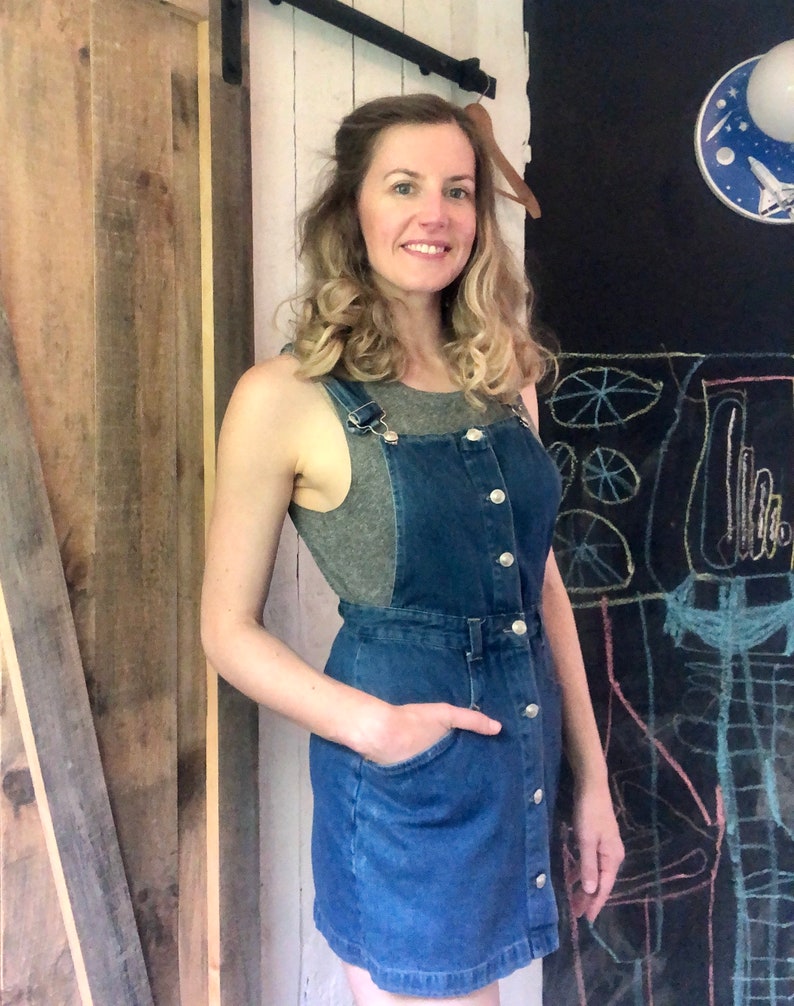 Vintage 90s Blue Denim Silver Button Down Overall Short Jean Skirt Skort size SM