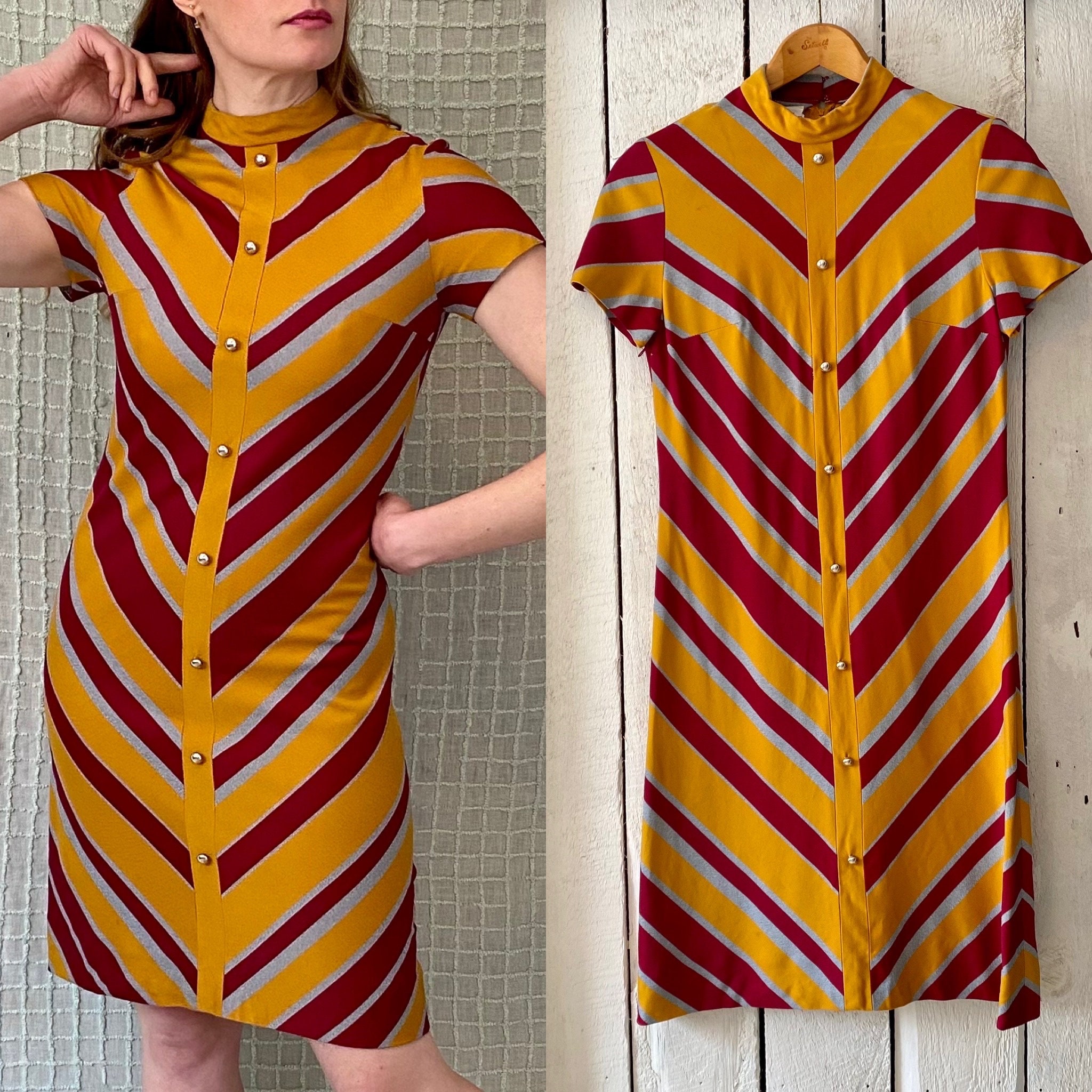 Vintage 70s Mid Century Maroon Gold Chevron Stripe Shift Dress by