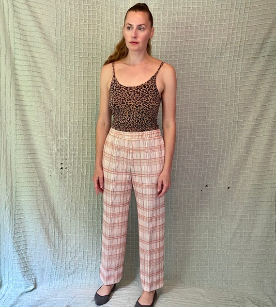 Vintage 70s Peach Pink Plaid High Rise Polyknit S… - image 4