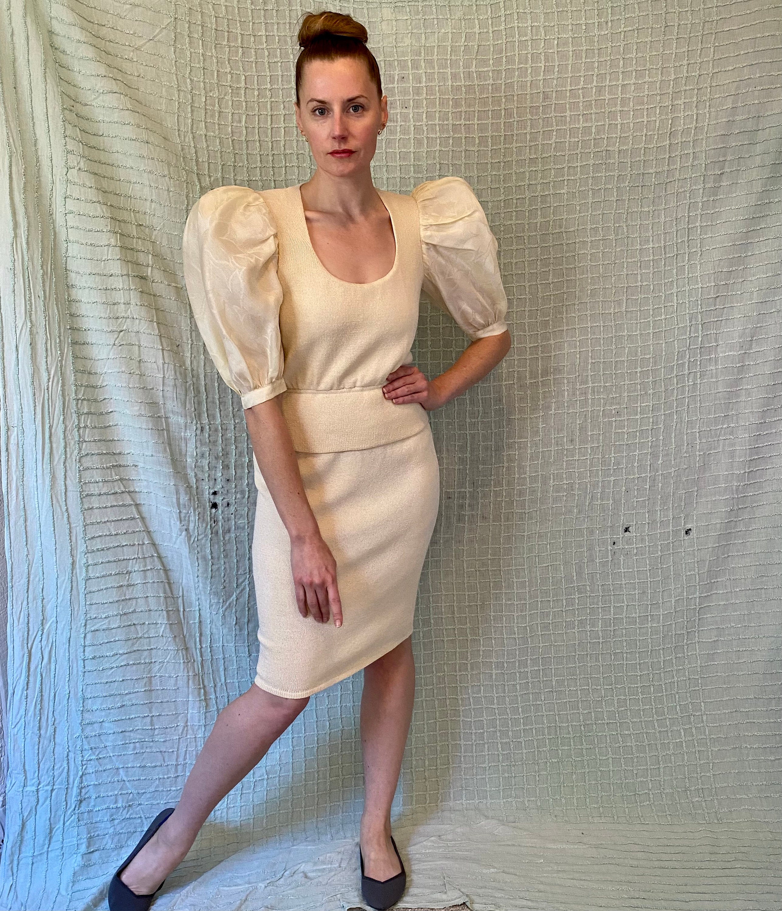 St John for Neiman Marcus 80s Ivory Knit Skirt Suit Balloon