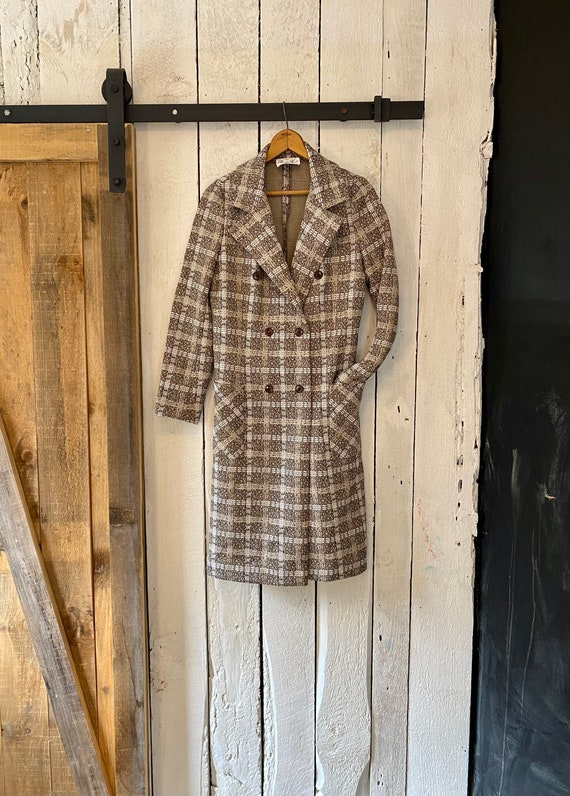 Vintage 60s Mod Beige Brown Neutral Plaid PeaCoat… - image 6