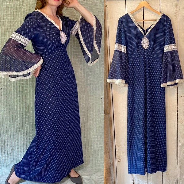 Vintage 70s Navy Blue White Crochet Lace Cameo Polka Dot Dress with Massive Bell Sleeves size M/L