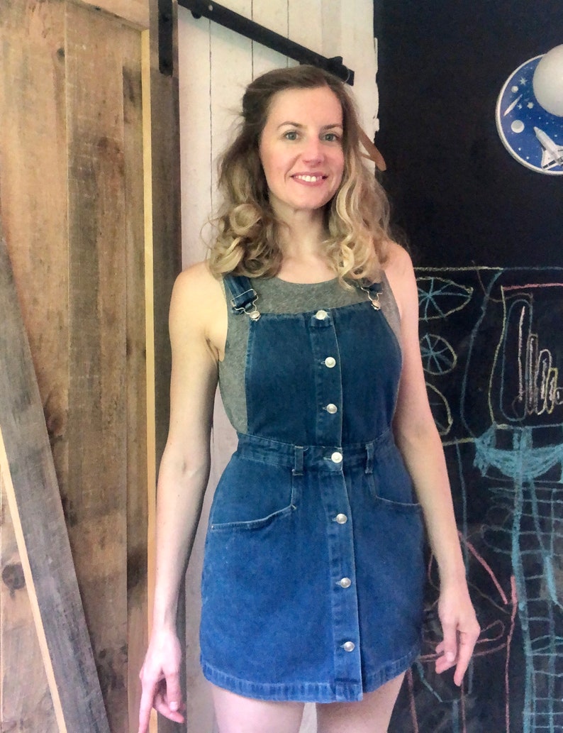 Vintage 90s Blue Denim Silver Button Down Overall Short Jean Skirt Skort size SM