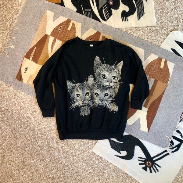 Vintage 90s Black White Glitter Cat Oversized Kitten Grunge Sweatshirt One Size 2XL