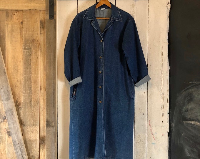 Vintage 80s Blue Denim Long Duster Over Coat Jean Chore Jacket Gloria ...