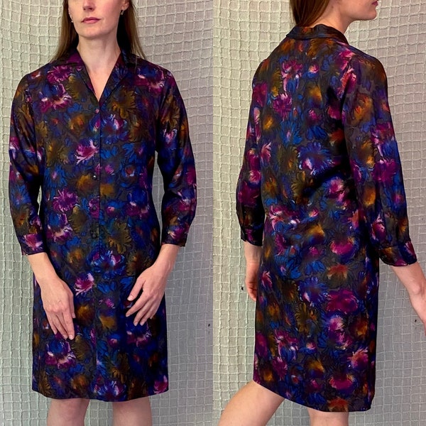 Vintage 60s Blue Magenta Jewel Tone Floral Mid Century Long Sleeve Shift Dress size M