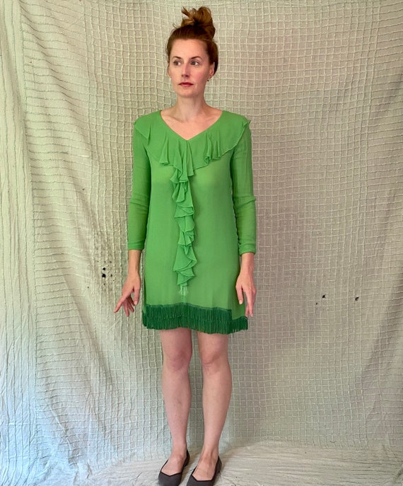 Vintage 60s Does 20s Neon Green Chiffon Fringe Fl… - image 4