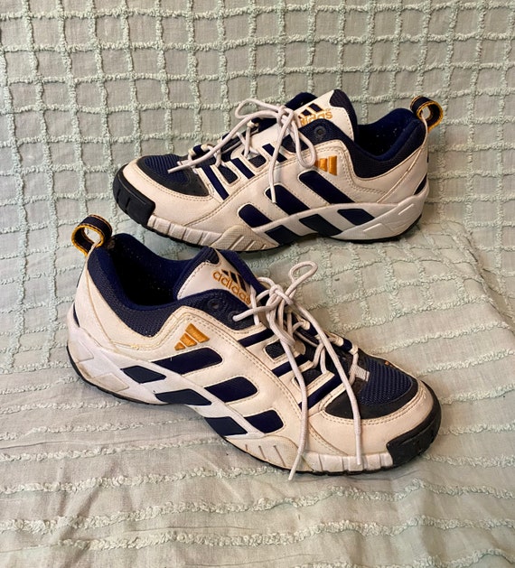 Vintage 90s Navy Blue White Stripe Dad Sneakers Shoes Ape 779 Torsion Sole by Adidas Size 12.5