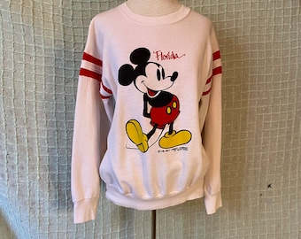 Vintage 80s White & Red Mickey Mouse Disney Ringer Sweatshirt by Velva Sheen size M