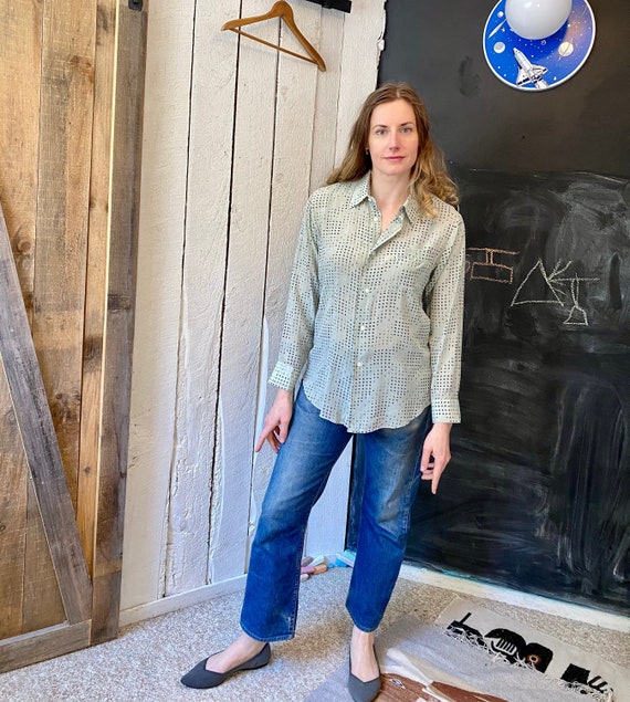 Vintage 70s Gray Navy Blue Silk Button 