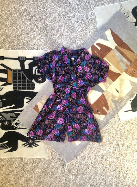 Vintage 80s Purple Black Floral Rayon Romper Play