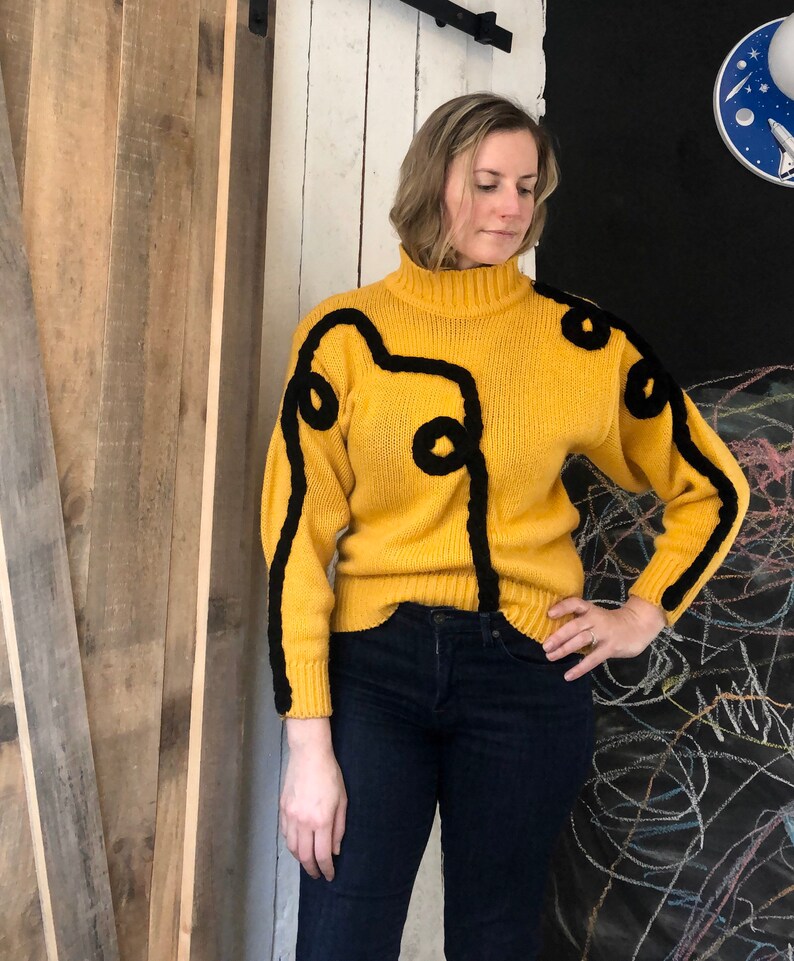 Vintage 80s Chunky Knit Mustard Yellow Black Doodle Pull Over Sweater by Cristina S