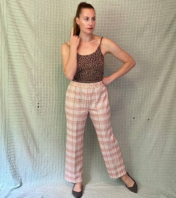 Vintage 70s Peach Pink Plaid High Rise Polyknit S… - image 3