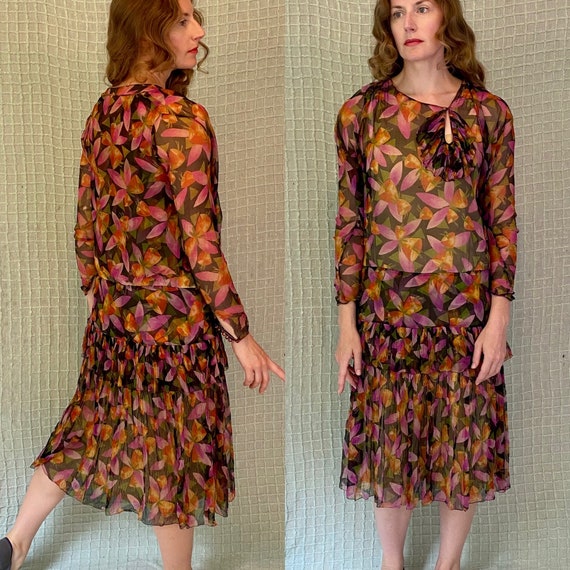 Vintage 20s Magenta & Orange Floral Silk Chiffon … - image 2