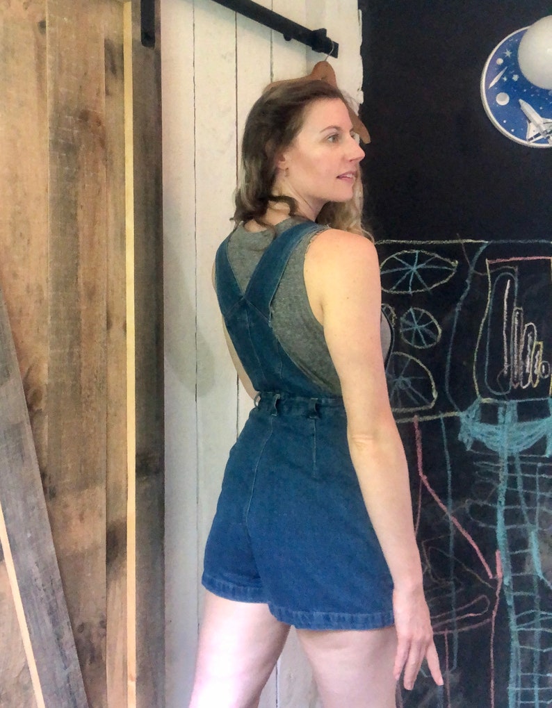 Vintage 90s Blue Denim Silver Button Down Overall Short Jean Skirt Skort size SM