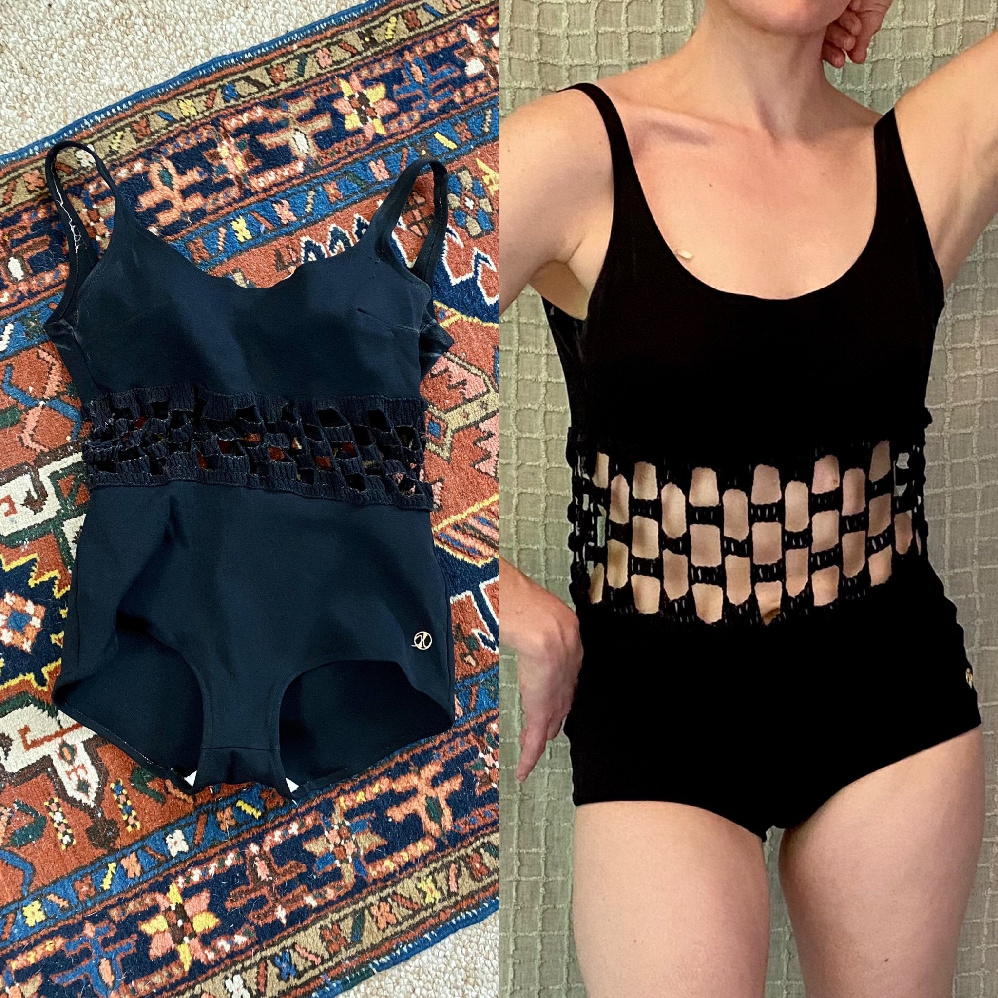 M/L 14 Vintage 60s Robby Len Pink Black Waffle One Piece Full Cover  Swimsuit 70s