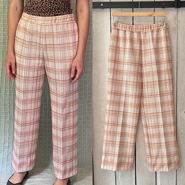 Pantalon jambe droite vintage des années 70 à carreaux rose pêche taille haute en tricot polyknit par Cos Cob taille M/L