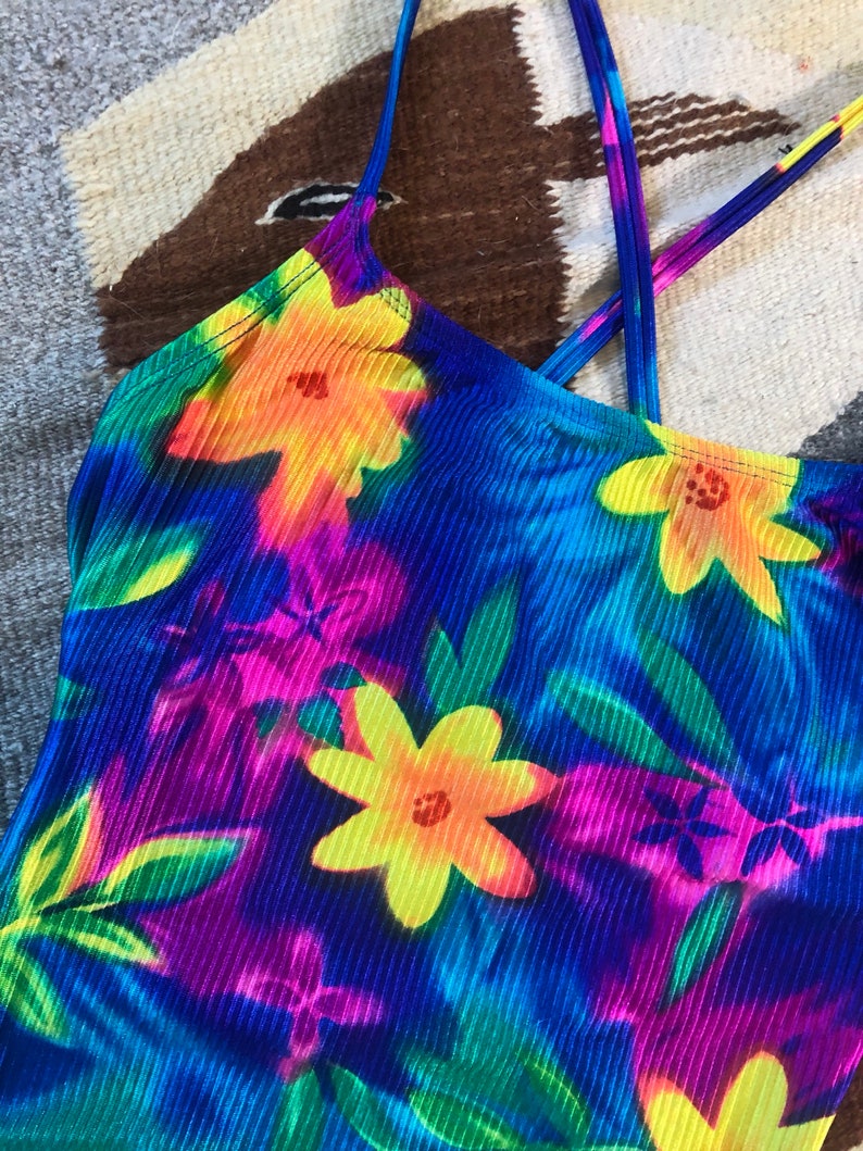 Vintage 90s Neon Pink Yellow Floral High Waisted Ribbed One Piece Swim Suit L