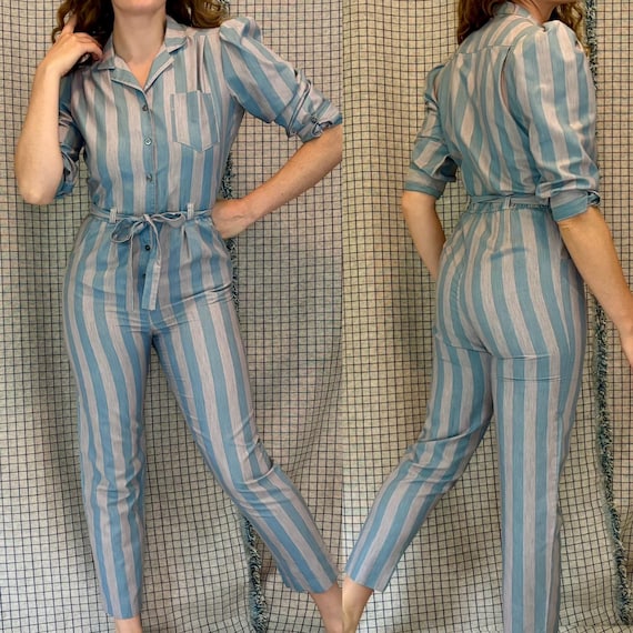 Vintage 80s Gray & Turquoise Blue Stripe Puff Sleeve Jump Vintage 80s Gray & Turquoise Blue Stripe Puff Sleeve Jump