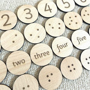 May include: Circular wooden number discs with engraved numbers and dots. The numbers include 2, 3, 4, 5, and 6, plus the words "two", "three", "four", and "five". Ideal for educational play and learning.