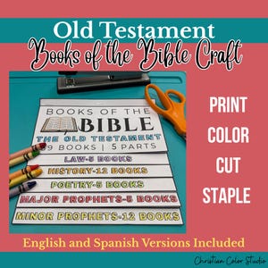 Op de afbeelding: Een papieren knutselactiviteit getiteld Books of the Bible Old Testament met secties voor Law, History, Poetry, Major Prophets en Minor Prophets. De set bevat een nietmachine, oranje schaar en kleurpotloden, met instructies om te printen, kleuren, knippen en nieten.