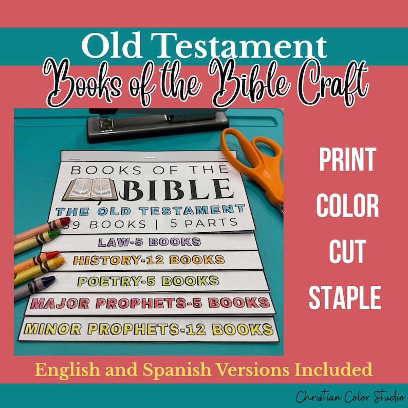 May include: A paper craft activity titled Books of the Bible Old Testament with sections for Law, History, Poetry, Major Prophets, and Minor Prophets. The set includes a stapler, orange scissors, and crayons, with text instructions to print, color, cut, and staple.