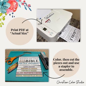 May include: A white printer outputting a paper titled Books of the Bible The Old Testament 39 Books 5 Parts. Below, a teal cutting mat holds orange scissors, crayons, a stapler, and printed paper strips labeled Law, History, Poetry, Major and Minor Prophets.