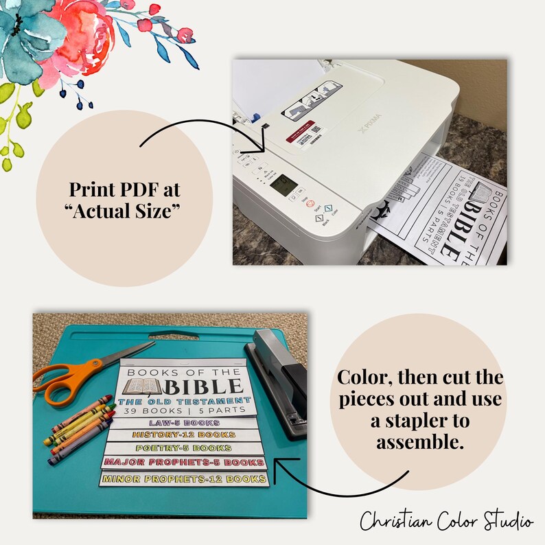 May include: A white printer outputting a paper titled Books of the Bible The Old Testament 39 Books 5 Parts. Below, a teal cutting mat holds orange scissors, crayons, a stapler, and printed paper strips labeled Law, History, Poetry, Major and Minor Prophets.