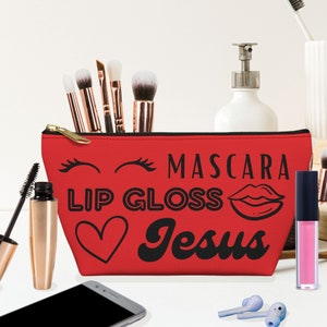 Personalized Mascara, Lip Gloss, Jesus Pouch w/ T-bottom | Christian Make-up Bag | Religious Gift for Her | School Colors Cosmetic Bag Gift