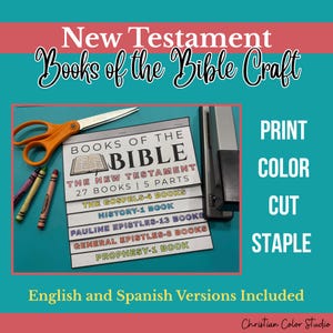 May include: A craft project titled New Testament Books of the Bible with 27 books and 5 parts listed on paper. The set includes orange scissors, three crayons, and a metal stapler. Text on the image reads Print, Color, Cut, Staple.