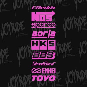May include: Black background with pink logos of automotive brands including GReddy, NOS, Sparco, Borla, HKS, BBS, StreetGlow, Enkei, and Toyo. The word "JOYRIDE MOTORSPORTS" is repeated in a graffiti style.