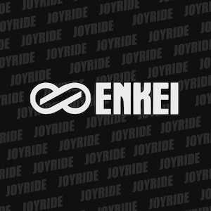 May include: White "ENKEI" text and a stylized infinity symbol on a black background. The word "JOYRIDE" is repeated diagonally across the background in a lighter shade of gray.
