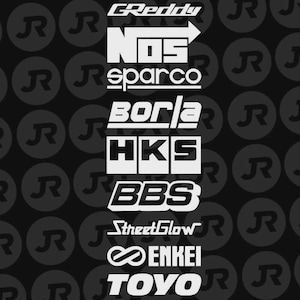 May include: A black background with white logos of automotive brands, including GReddy, NOS, Sparco, Borla, HKS, BBS, StreetGlow, Enkei, and Toyo. The logos are in a variety of fonts and styles, with the letter "R" in a circle repeated in the background.
