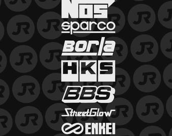 9 Car Automotive Sponsor Decals Pack JDM Drift Racing Sport Logos Gloss White Vinyl Die-Cut Decal Sticker For Window, Bumper, Vehicle