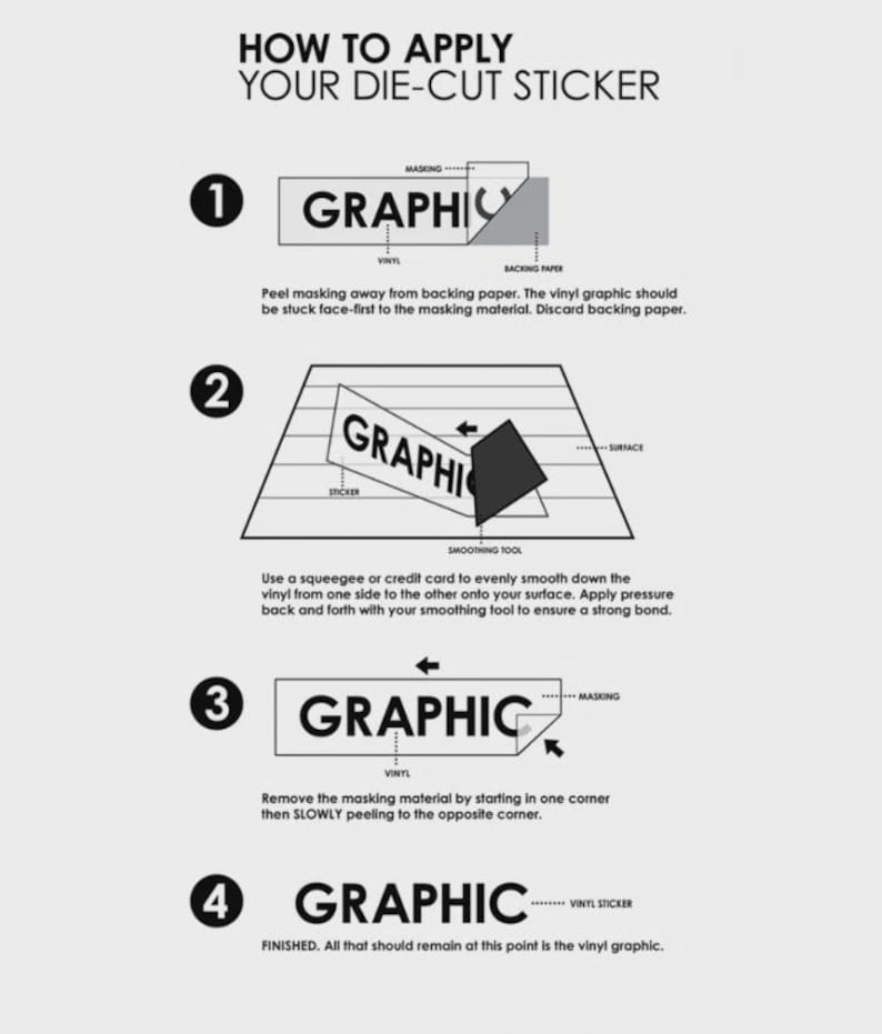 May include: A step-by-step guide on how to apply a die-cut sticker. The instructions are numbered and include illustrations of the process, from peeling the backing paper to smoothing the vinyl graphic onto a surface.