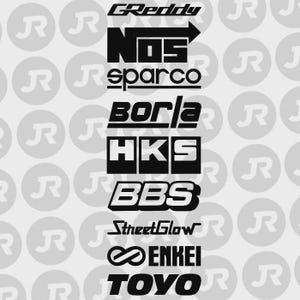 May include: A collection of black and white logos for automotive brands, including GReddy, NOS, Sparco, Borla, HKS, BBS, StreetGlow, Enkei, and Toyo. The logos are displayed against a light gray background with repeating "R" and "J" in circles.