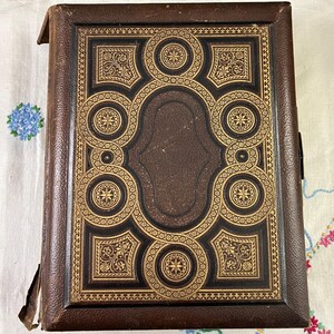 Large Victorian photograph album, 119 photos, CDVs. Gilt leather cover brass hinges Scottish East Coast, Moray Banff Macduff Aberdeen photos