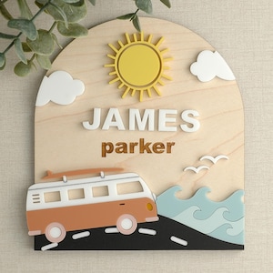 Retro Bus Baby Announcement Sign | Baby Name Birth Plaque | Newborn Baby Name Photo Prop | Ocean Theme | Summer Sun Baby Sign