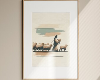 Lámina artística de Jesús y la oveja perdida, versículo bíblico, decoración cristiana moderna (descarga digital)