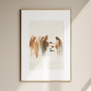5 Loaves of Bread and 2 Fish DIGITAL DOWNLOAD, Bible Sketches Art, Jesus Feeds 5000 God provides Wall Art, Christian Gift Modern Jesus print